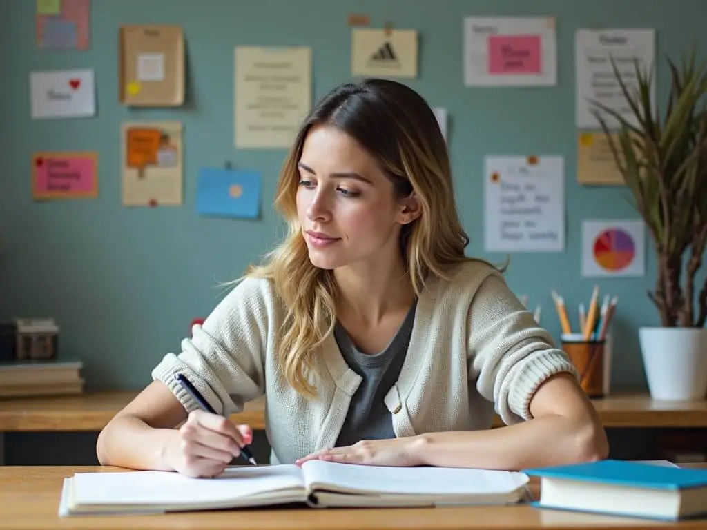 Image représentant un étudiant organisé, travaillant efficacement à son bureau, entouré d'outils de planification et de ressources pédagogiques, symbolisant la maîtrise et la performance académique.