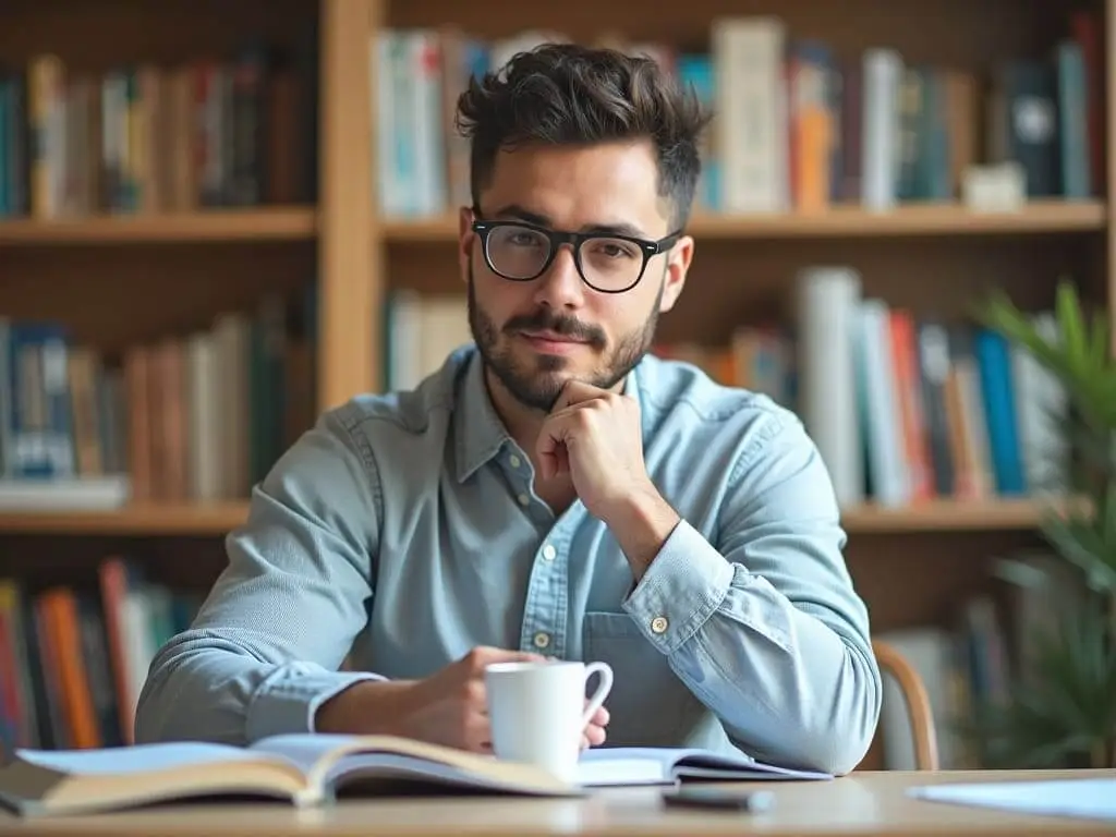 Homme concentré en train de réfléchir devant une bibliothèque symbolisant le travail conscient et l'apprentissage pour changer ses patterns